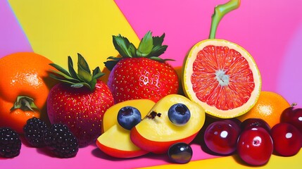 Vibrant Pop Art Collage Featuring Fruits and Whimsical Objects