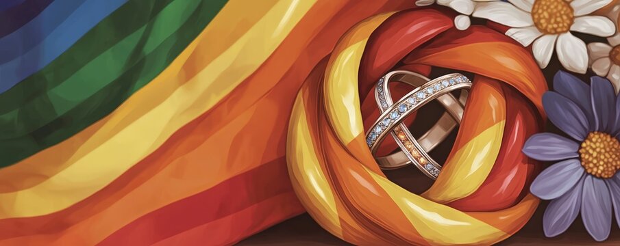 Celebrating Love LGBTQ Marriage Equality Rings on Rainbow Flag Symbolizing Diversity and Acceptance in a Vibrant Community Setting