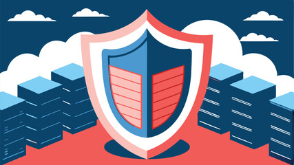 A digital pixelated shield protecting a network of servers and cloud technologies, with holographic codes and passwords, in a modern infographic style.