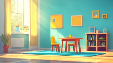 Sunlit playroom with table, chairs, bookshelves, and toys.