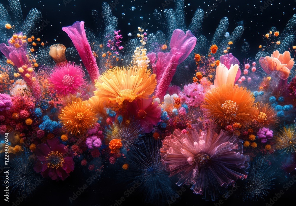 Poster colorful floral explosion with vibrant flowers and abstract background in deep indigo tones and spar