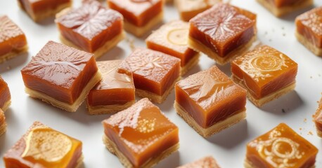 Caramel filled Turkish delights placed in a decorative pattern on a white background, treats, sweet treats, desserts