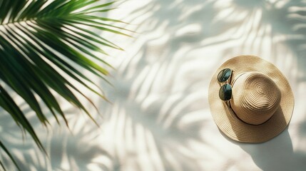 Summer essentials hat sunglasses palm leaves shade