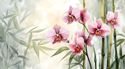Elegant Orchids and Bamboo Watercolor