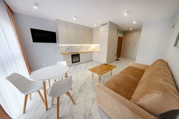 Salon w nowoczesnym apartamencie z beżowym  aneksem kuchennym z rudą jasno brązową pluszową sofą © arteffect.pl