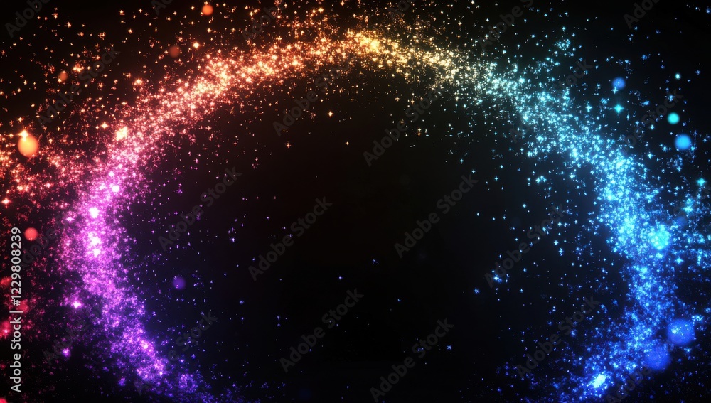 Poster colorful gradient circle of sparkling particles against a dark background creating an enchanting and