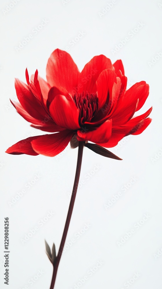 Poster a red flower with a stem is the main focus of the image. the flower is the only thing visible in the