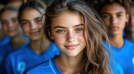 Young woman smiling in front of diverse team.