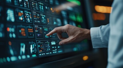 Smart Energy Engineer Monitoring Wind Turbine Data on Digital Dashboard