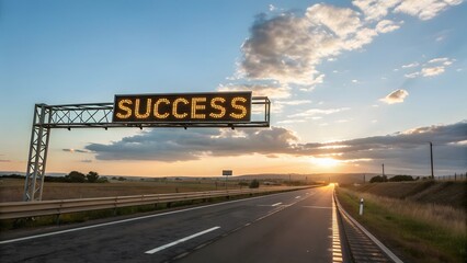 Bright Success Sign Illuminating Roadway at Sunset in Rural Area