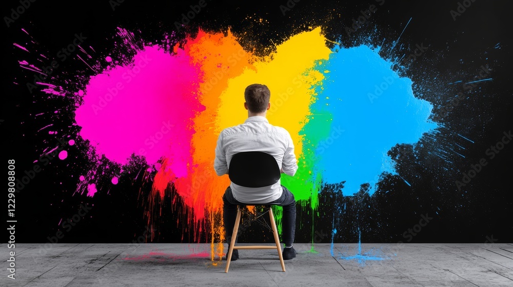 Poster man sits in a chair in front of a colorful wall. the wall is covered in splatters of paint, creating