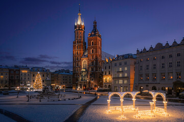 Saint Mary's Basilica, located on Main Square in Krakow during Christmastime, Poland