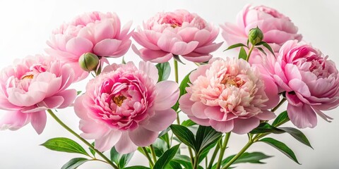 Obraz premium Soft pink peony flowers in full bloom against a white background, with delicate green leaves and stems , floral arrangement, pink peonies