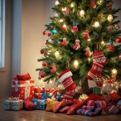Fototapeta premium Christmas Tree Decorations with colorful stockings, colorful ornaments, tinsel, garland