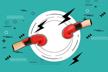 Hands with boxing gloves on a white circle on a green background with arrows and rays