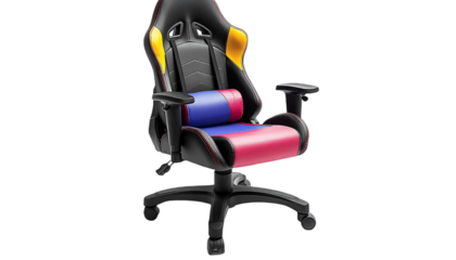 Black Ergonomic Gaming Chair with Yellow, Pink, and Blue Accents
