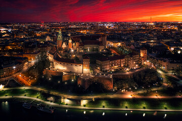 Wawel castle at colorful dawn, Krakow, Poland