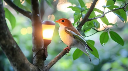 Bird perched on branch near glowing light with green foliage and bokeh background