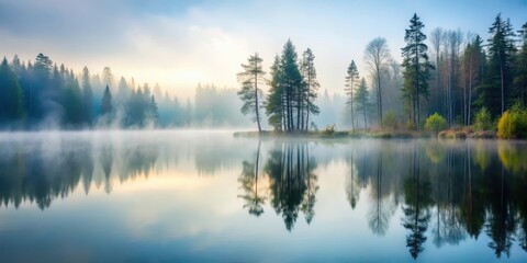 Obraz premium Serene forest pond shrouded in misty fog, water's surface reflecting the trees' silhouette perfectly , fog, pond
