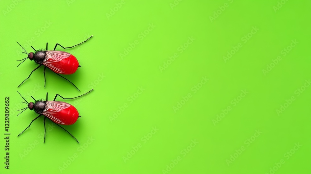Poster two red bugs on a green background. the bugs are close to each other and are on the same side of the