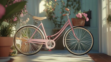 Fototapeta premium Pink Bicycle in a Flowery Garden: A Summer Day Dream