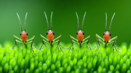 Four insects with orange heads standing on a green leaf. The insects are all facing the same direction