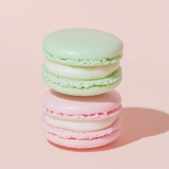 Two neatly stacked macarons : pistachio, strawberry 