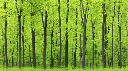 Fototapeta premium Spring forest, vibrant green trees, sunlight. Nature background, eco design