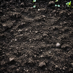 Young plants in dark soil, agriculture