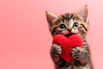 Promotion artwork. European shorthair - my treasured cat. Cute european shorthair baby feline with fluffy red heart - emblem of love, funny greeting card. February 14 valentine ideas. Cute pet.