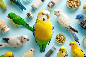 Colorful budgies and parakeets with birdseed and containers on a light blue background