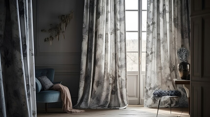 a room with a chair and curtains