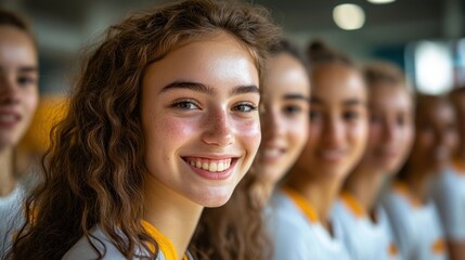 Obraz premium Smiling girl in a row of women.