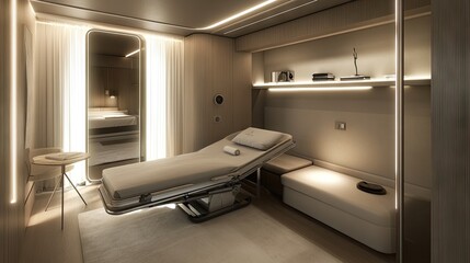 A stylish guest room featuring a foldable bed and hidden built-in storage.