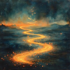 Naklejka premium Golden river of light winds through starry night