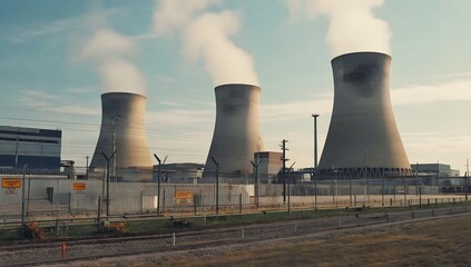 Steaming Cooling towers of nuclear power plant