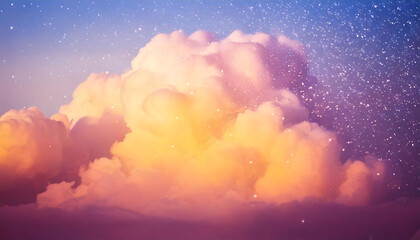 Dreamy pastel sunset cloudscape, perfect for backgrounds, websites, or social media.  Soft, ethereal light illuminates fluffy clouds against a twilight sky speckled with glittering dust.