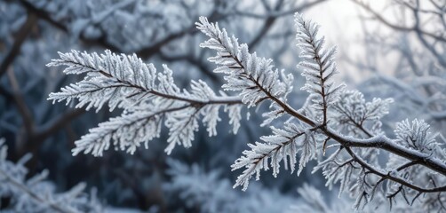 Obraz premium Close-up of icy twigs covered in frost with snow background, winter, snow, twigs
