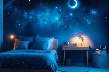 Compact room with a space theme featuring glow-in-the-dark elements and ambient lighting for a cosmic ambiance
