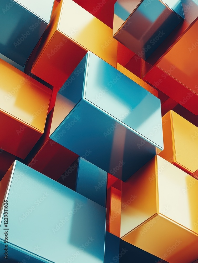 Poster dynamic 3d cube interaction abstract digital space graphic design vibrant color palette aerial view 