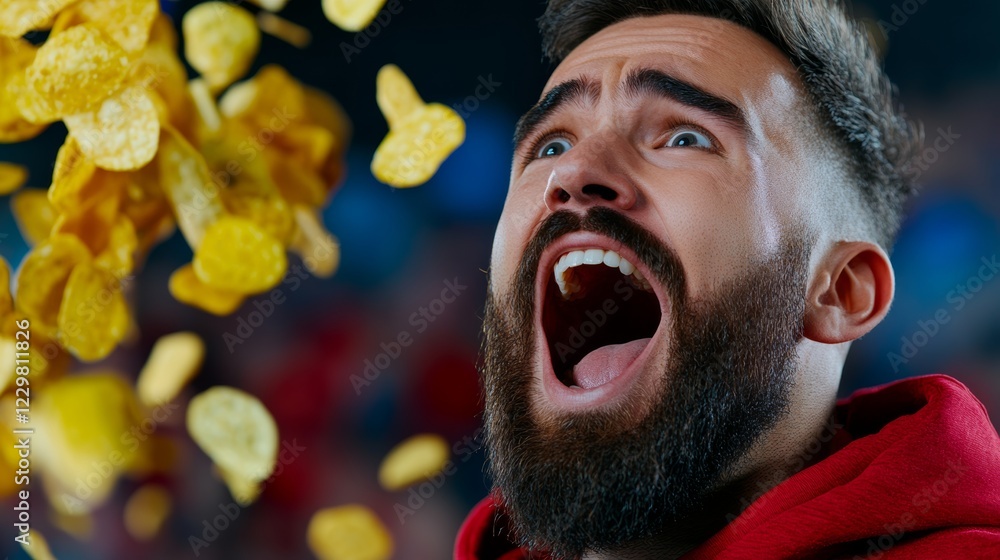 Poster man with a beard is eating a large amount of chips. he is making a funny face and has his mouth wide