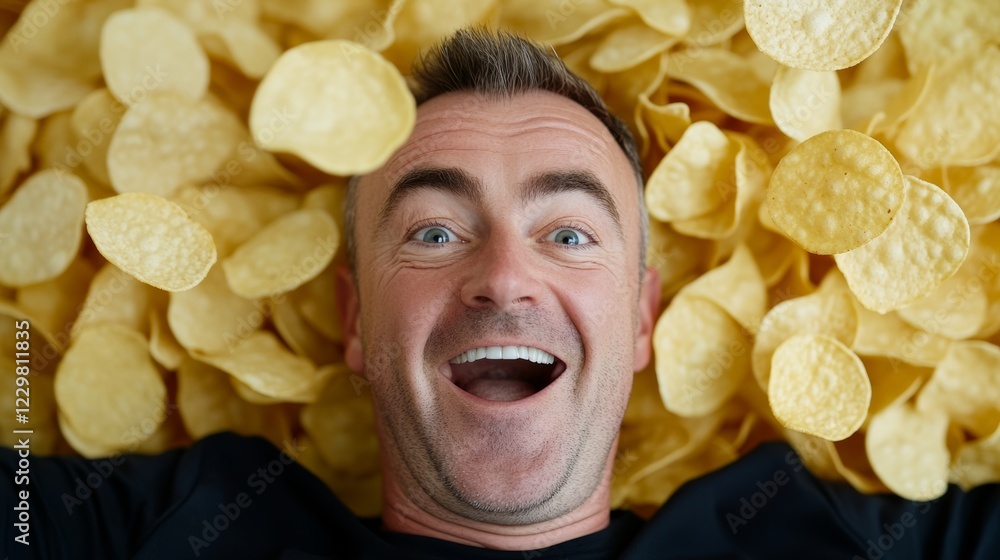 Poster man is laying on the ground with a pile of chips on top of him. he is smiling and he is enjoying him