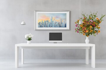 Modern corporate office with panoramic cityscape artwork and elegant desk arrangement featuring fresh flowers