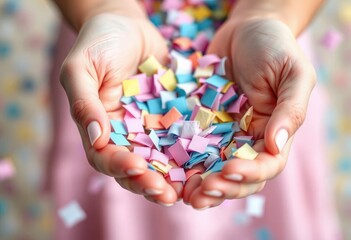 Hands holding a handful of colorful confetti, ready to be tossed into the air, adding to the festive and joyful vibe