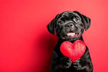 Cane corso - my desired dog. Commercial concept depiction. Cute cane corso dog with fluffy red heart - sign of love, funny greeting card. Dog with love sign. Puppy valentine ideas. Puppy lov.