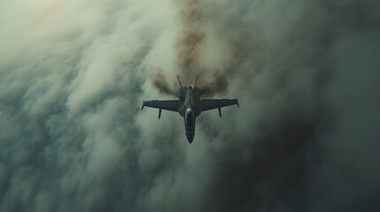 Fototapeta premium Fighter jet leaving dark smoke trail in cloudy sky.