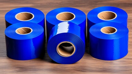 Row of blue tape rolls are displayed on a wooden surface. The rolls are all the same color and size, and they are arranged in a neat row. Concept of organization and order