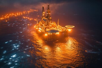 Fototapeta premium Illuminated offshore rig at night reflecting on dark water.