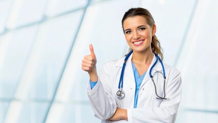 Cheerful Female Doctor Giving Thumbs Up Gesture in Modern Healthcare Environment