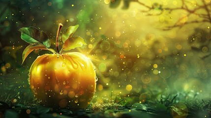 A golden-green apple with sparkling light in the forest